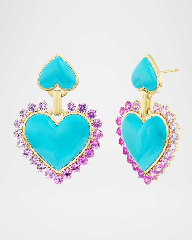 Queen of Hearts 18K Yellow Gold Turquoise and Pink Sapphire Earrings